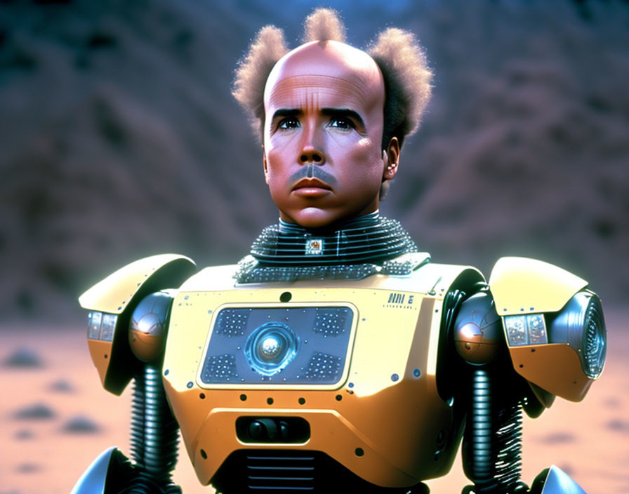 Yellow humanoid robot with realistic human-like face in concern or puzzlement