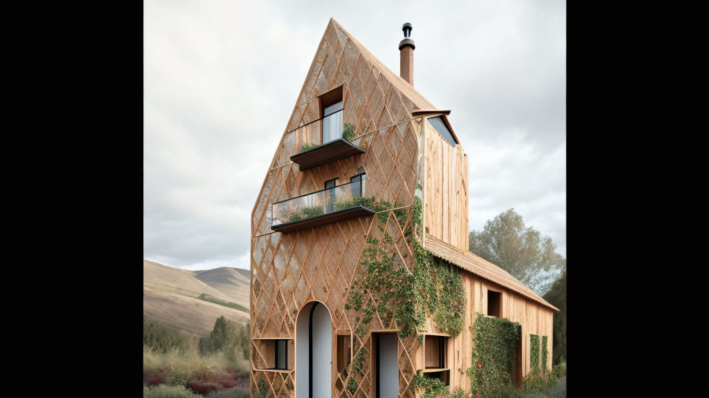 Triangular wooden house with intricate patterns and large windows amid hills