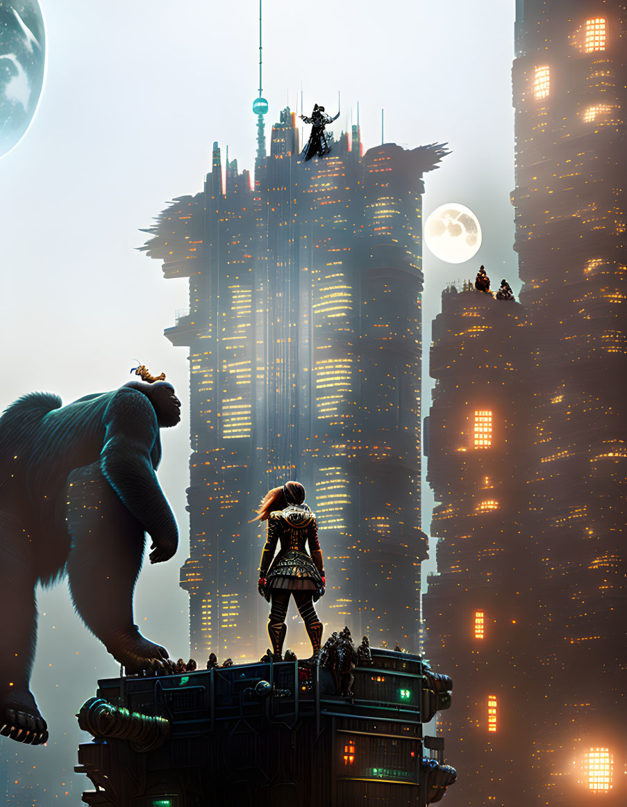 Girl on rooftop gazes at giant ape in futuristic cityscape