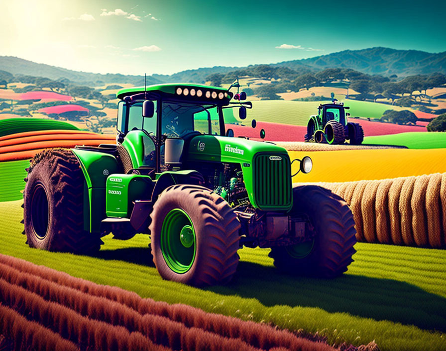 Colorful agricultural landscape with two green tractors