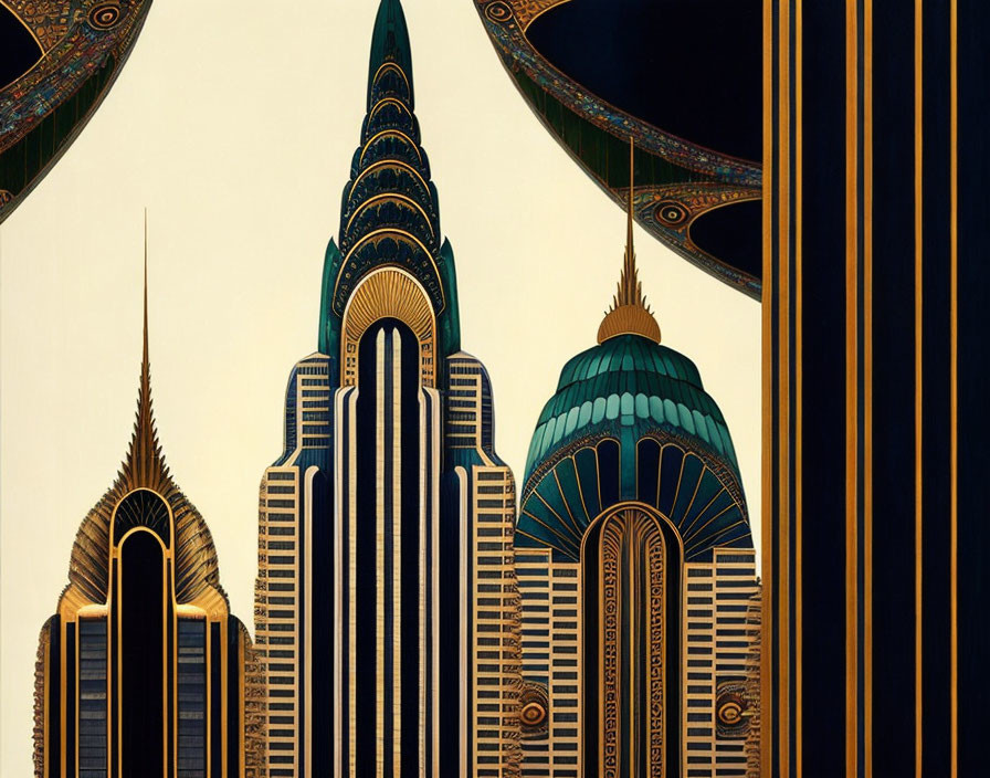 Symmetrical Art Deco skyscrapers in gold and black.