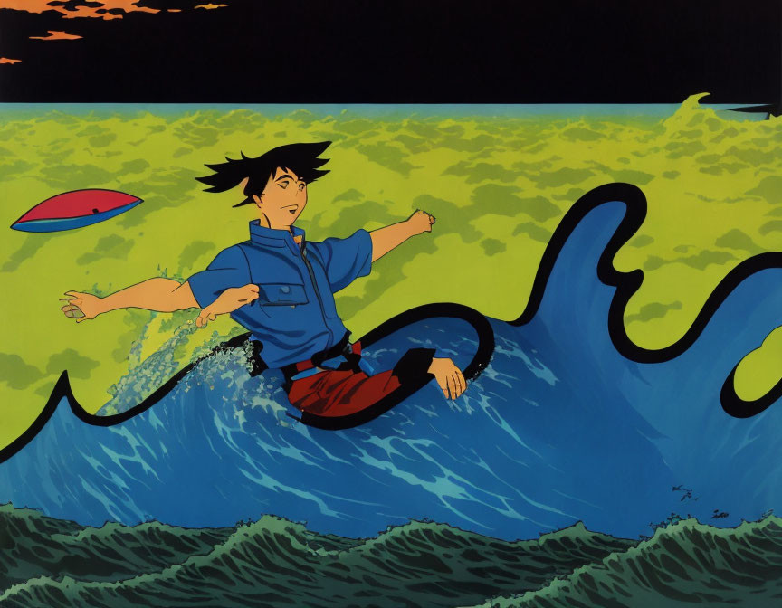 Animated character surfing wave with red frisbee in sunset scene