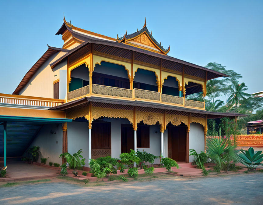 Ornate wooden balconies on traditional two-story building