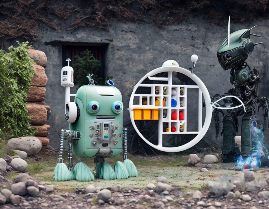 Whimsical anthropomorphic robots in natural outdoor setting