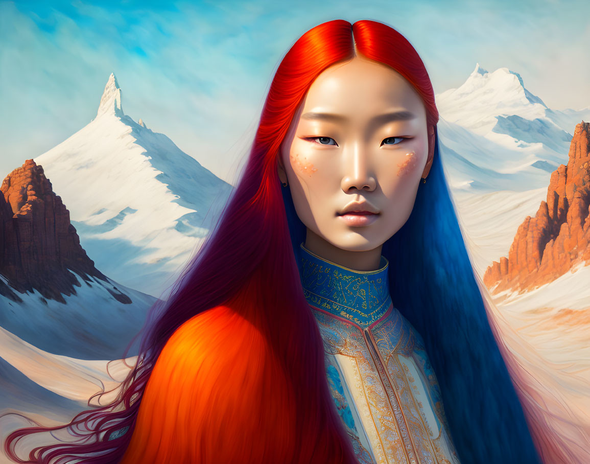 Digital portrait of woman with long red hair in traditional attire against snowy mountains and red rocks