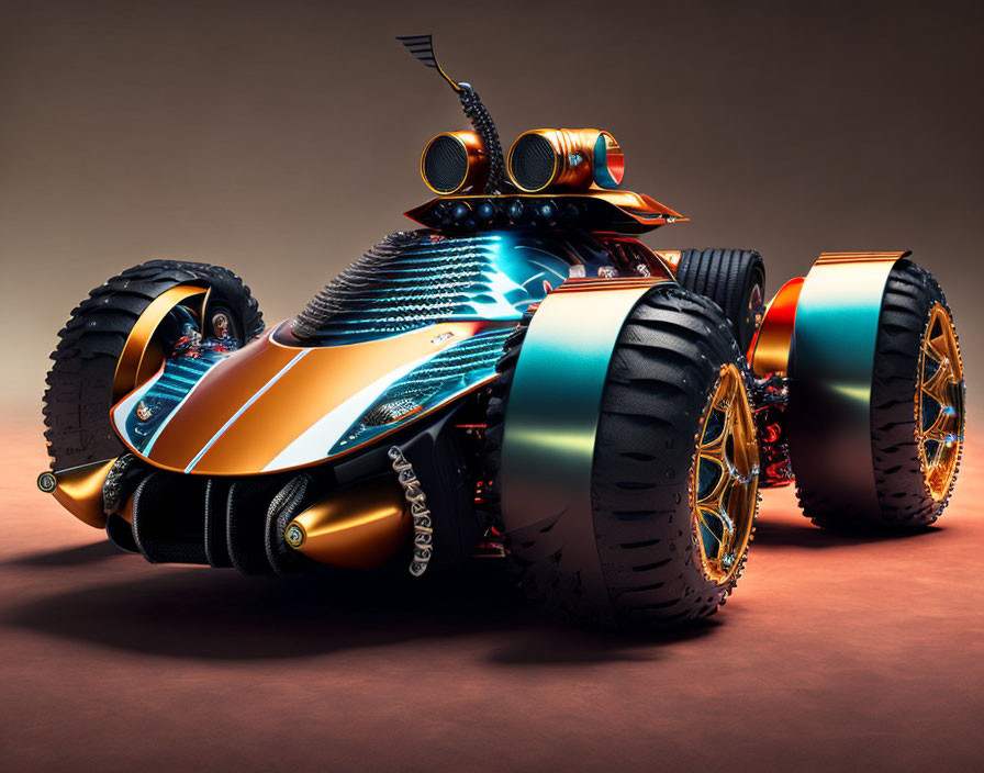 Futuristic orange and blue car with large tires and antenna-like protrusions