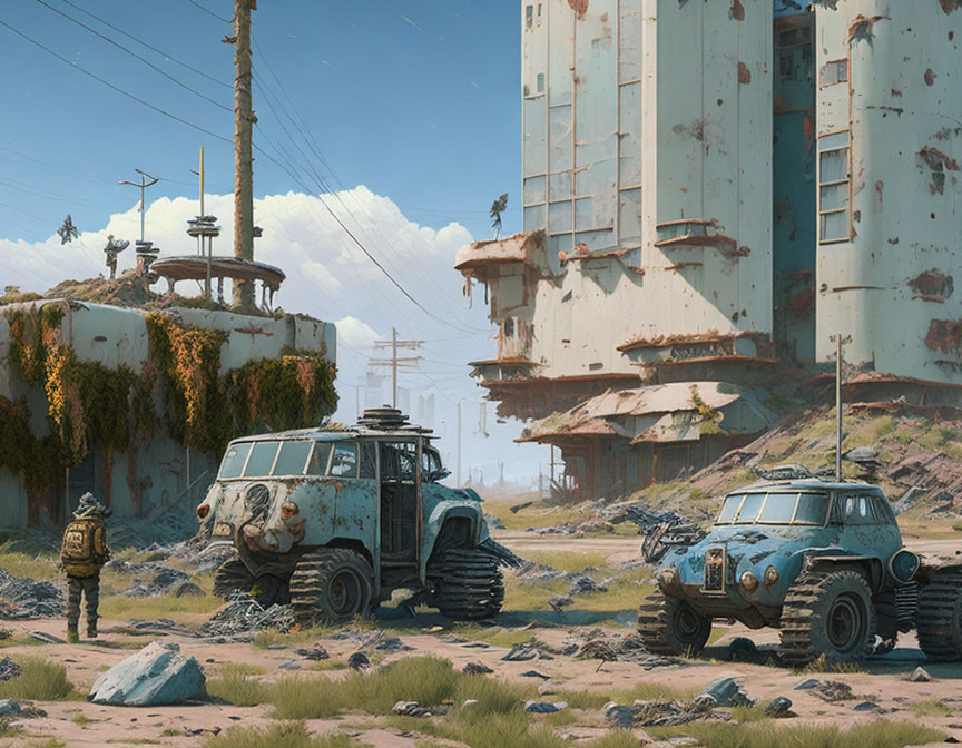 Derelict buildings, overgrown plants, and modified vehicles in post-apocalyptic setting