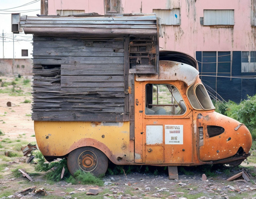 Rusted yellow-and-orange truck with wooden structure in dilapidated setting