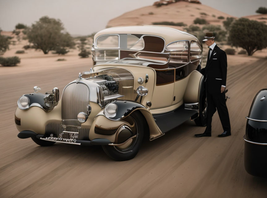 Luxury cream and black car on desert road with chauffeur in uniform