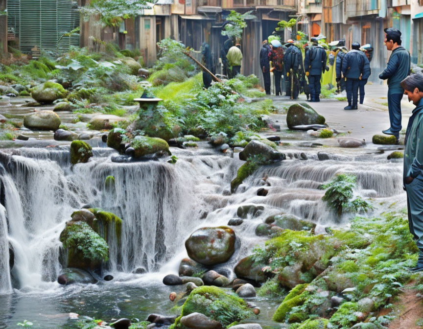 Group observing lush waterfall and stream with onlookers and personnel in background