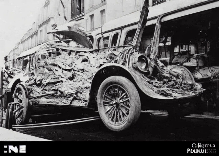 Vintage car heavily damaged on city street in black-and-white photo