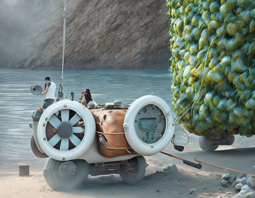 Vintage-style Car with Large Spherical Wheels Towing Enormous Pineapple