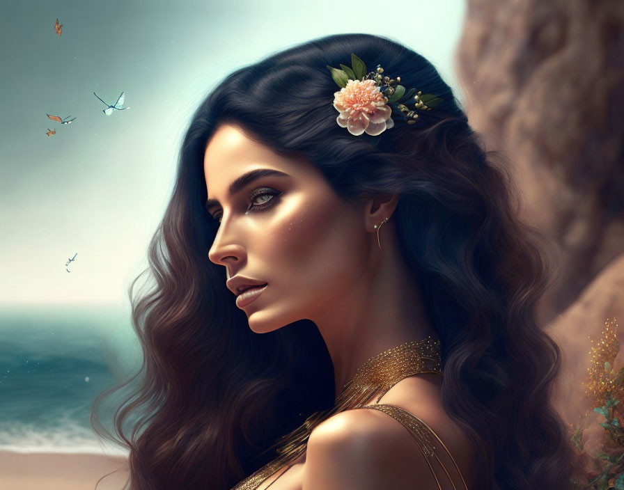 Dark-haired woman with flower adornments gazing at ocean and birds