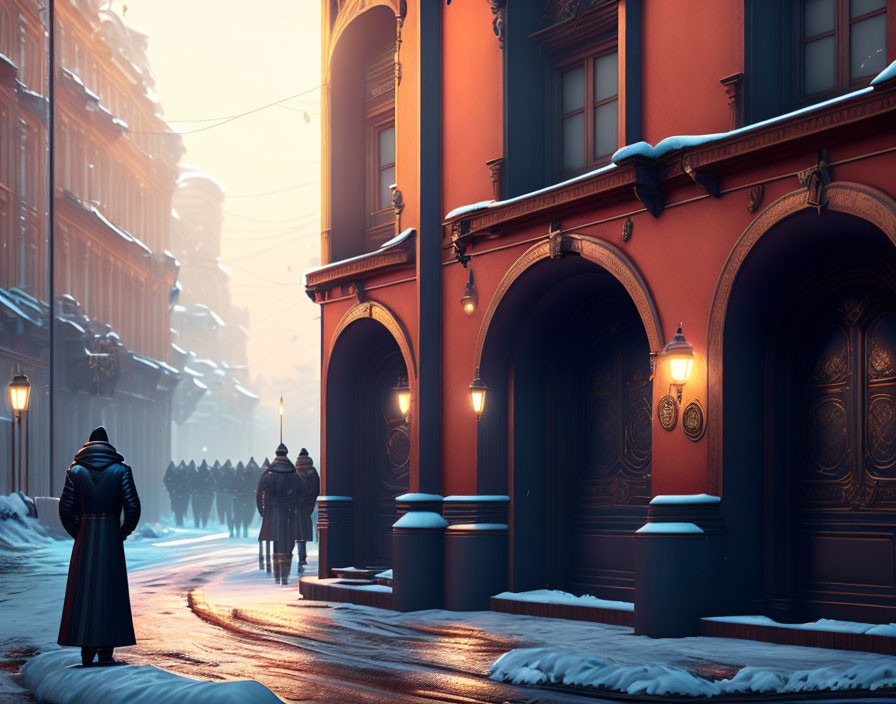 Person in coat walking on snowy street beside orange buildings with arches and street lamps.