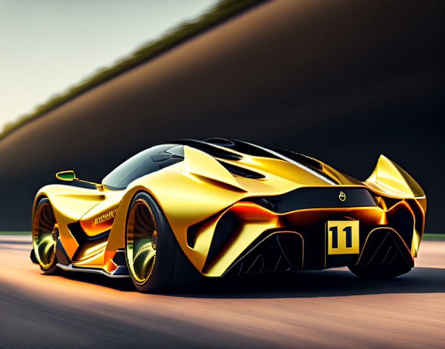 Yellow Sports Car with Black Trim Racing on Track with Motion Blur