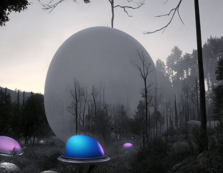 Misty forest with large orbs - blue and purple lights among trees