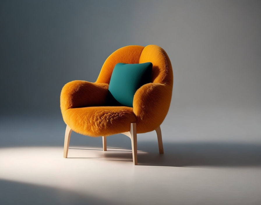 Modern Orange Furry Armchair with Blue Cushion on Light Grey Background