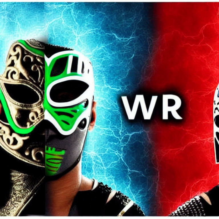 Masked wrestlers in red and blue masks on split background with lightning effect and "WR" center.