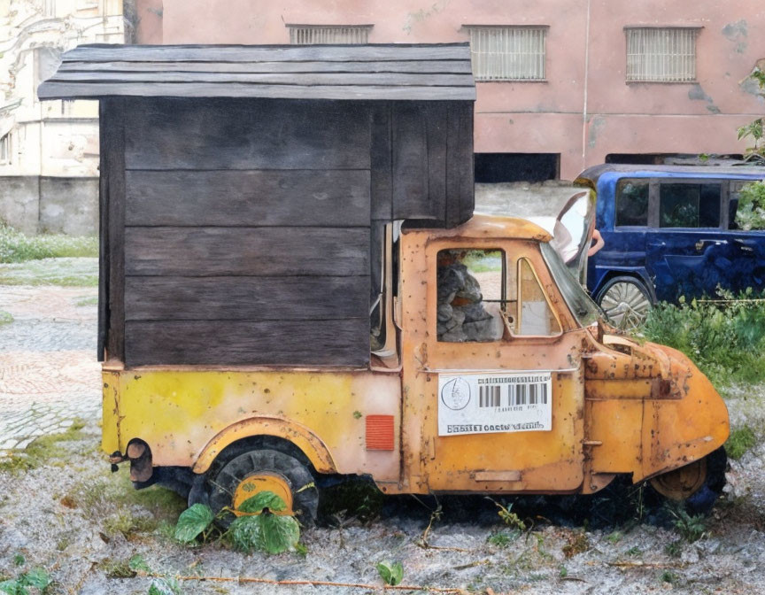 Abandoned yellow three-wheeled utility vehicle with wooden structure, covered in dust.