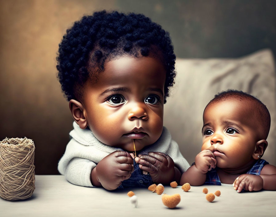 Curly-Haired Toddler and Baby with Snack Puffs and Stick on Muted Background