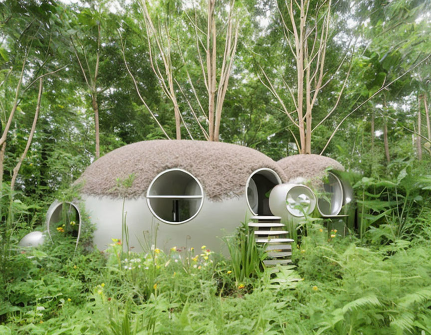 Dome-shaped futuristic house in lush forest with thatched roof