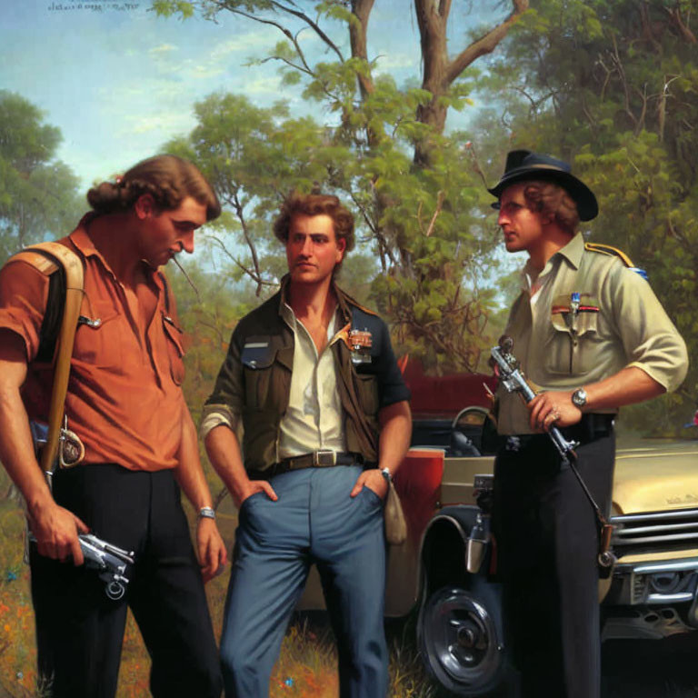 Three men in Australian outback attire with rifle near vehicle in rural landscape