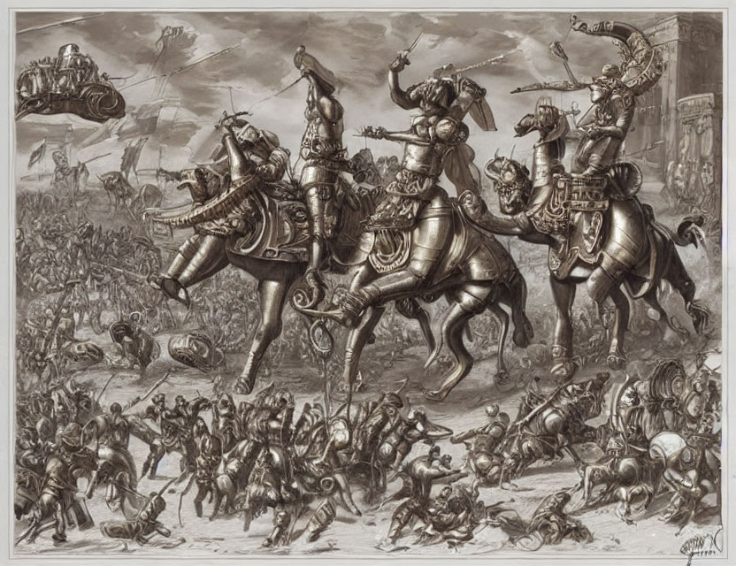 Monochromatic medieval battle scene with knights on horseback and infantry.