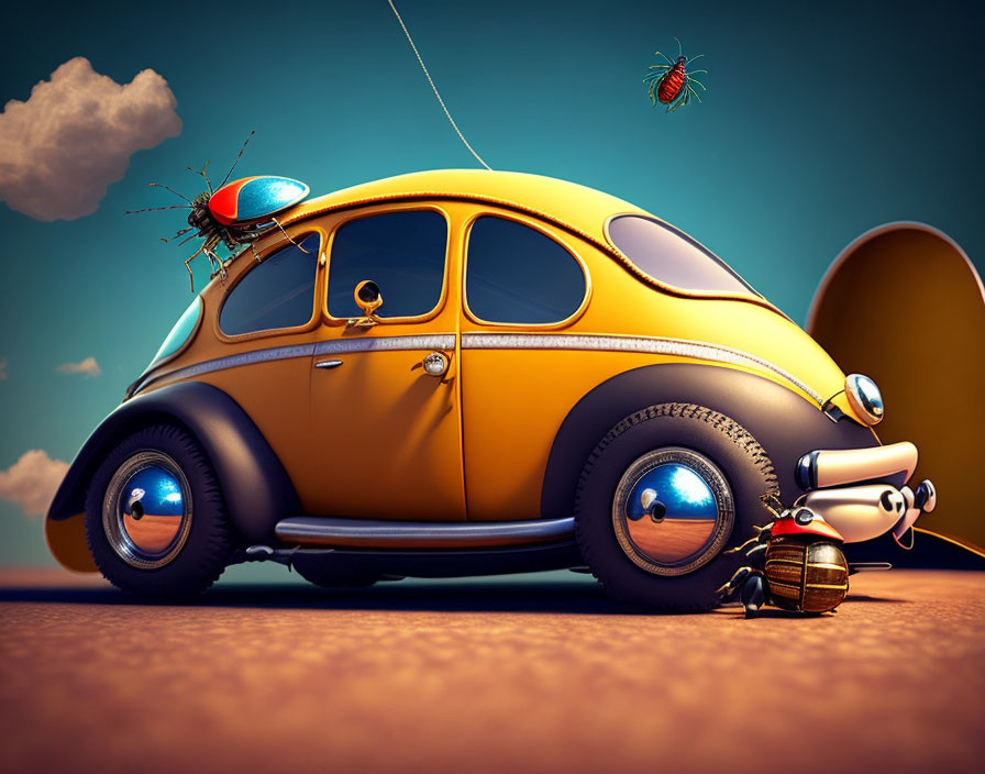 Colorful 3D illustration of anthropomorphic yellow Beetle with police light and suitcase