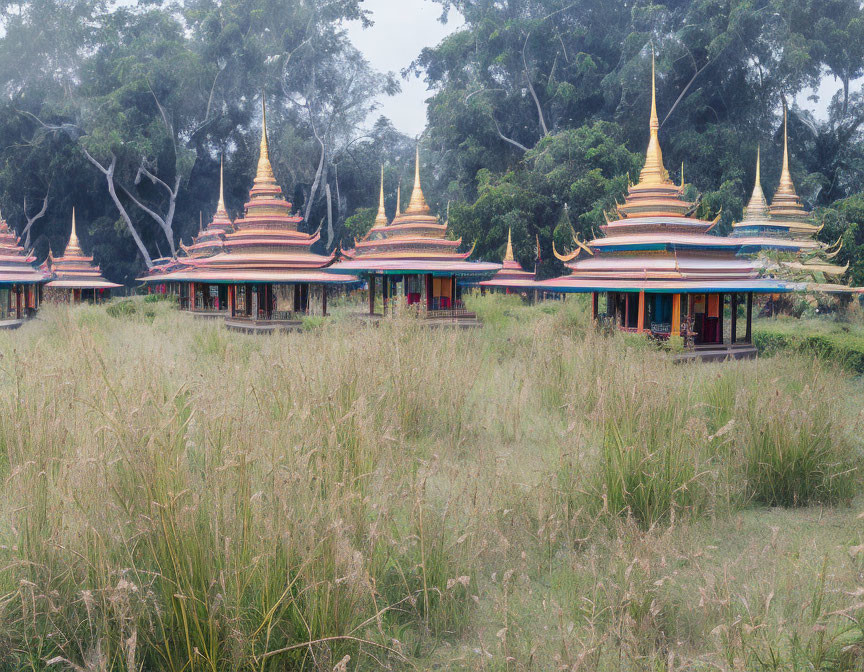 Tiered, ornate roofs in forest setting with serene atmosphere