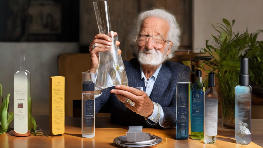 Elderly Man in Suit Examining Glass Container Among Cosmetics