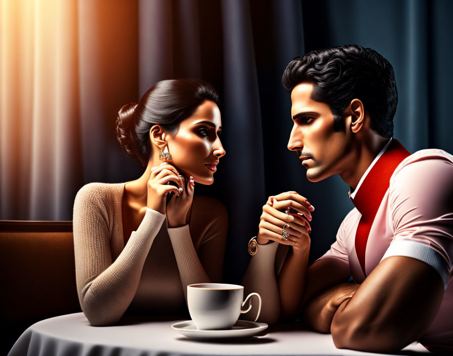 Stylish couple in deep conversation over coffee in cozy setting