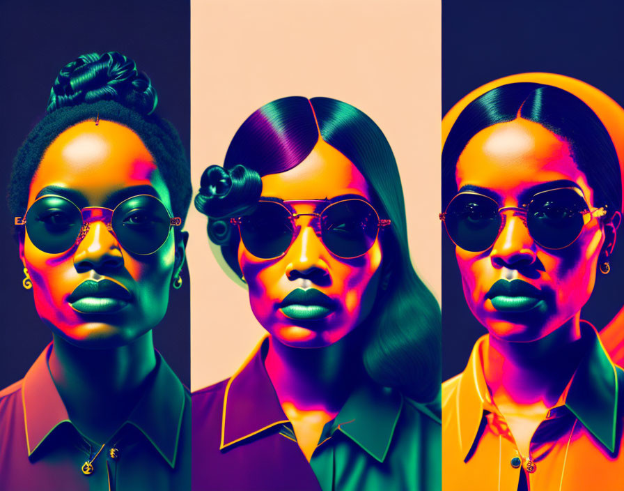 Stylish woman portraits with sunglasses on neon gradient background