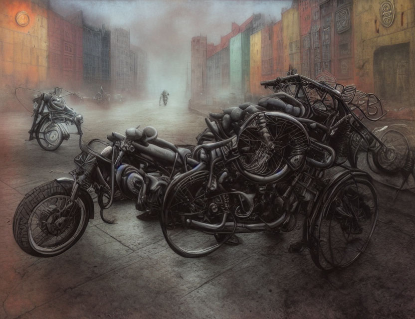 Desolate foggy street with pile of motorcycles and colorful buildings