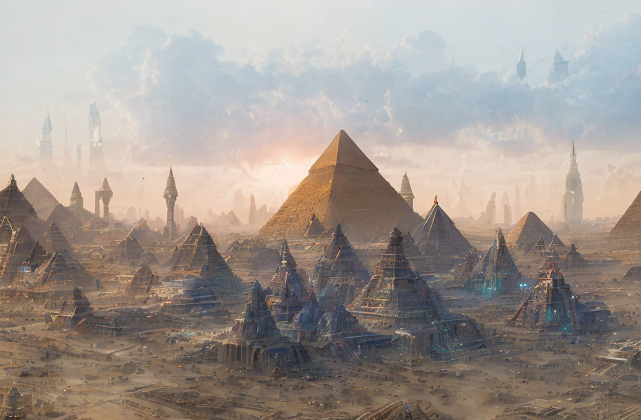 Fantastical cityscape: Ancient Egyptian pyramids meet futuristic towers