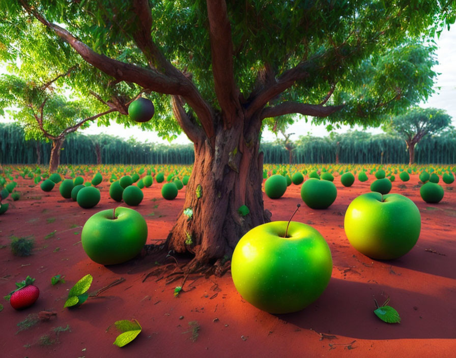 Surreal landscape with massive green apples and forest backdrop