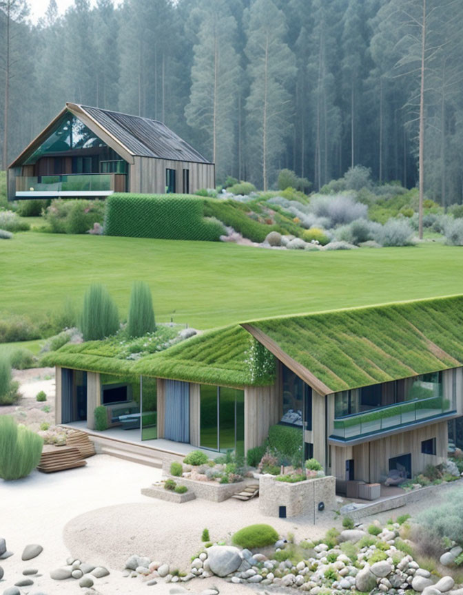 Eco-friendly houses with green roofs in forest landscape