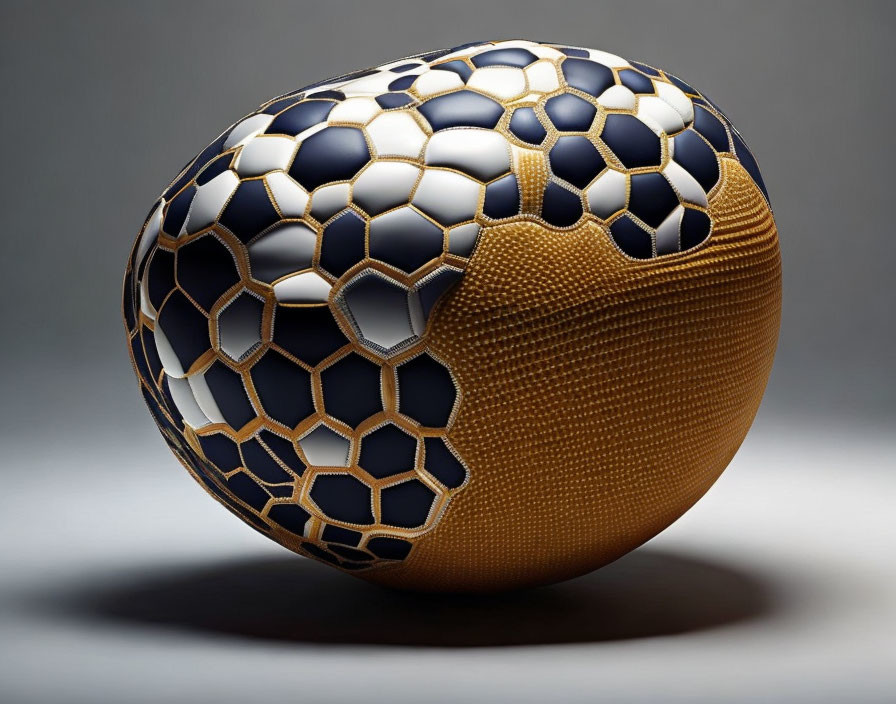 Soccer ball pattern on elliptical object with black pentagons and golden texture