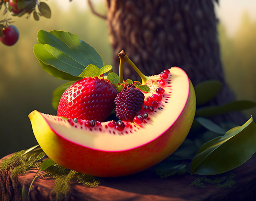 Colorful sliced fruit arrangement on wooden surface with kiwi, strawberry, and red currants