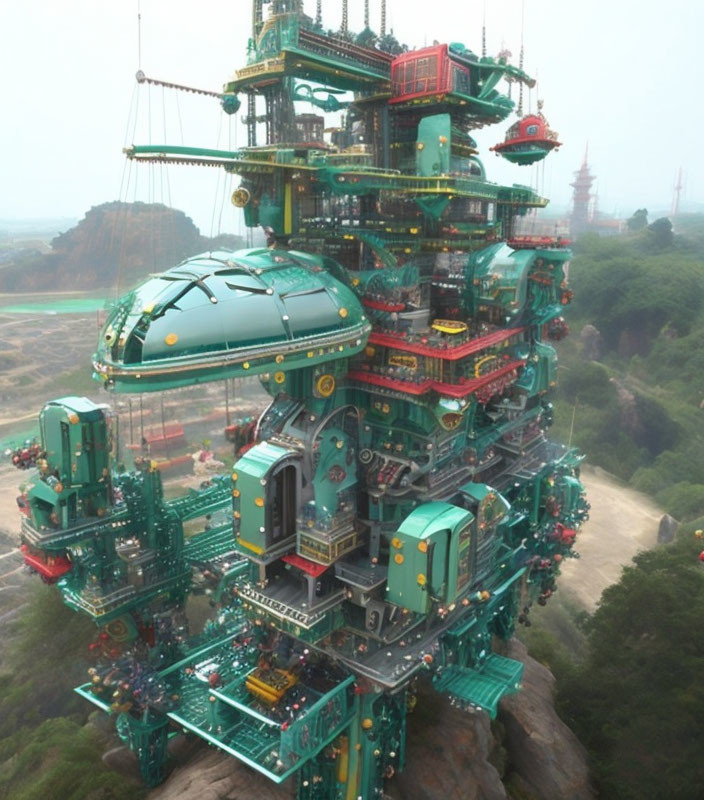 Majestic blend of Asian and futuristic architecture on misty cliff