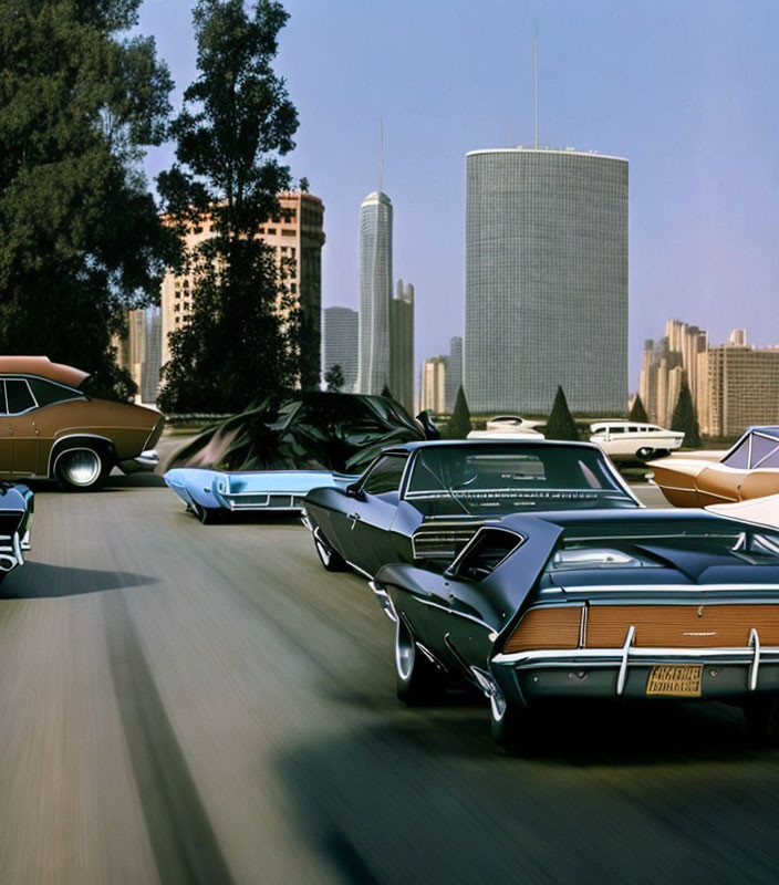 Classic vintage cars on tree-lined road with skyscrapers in background