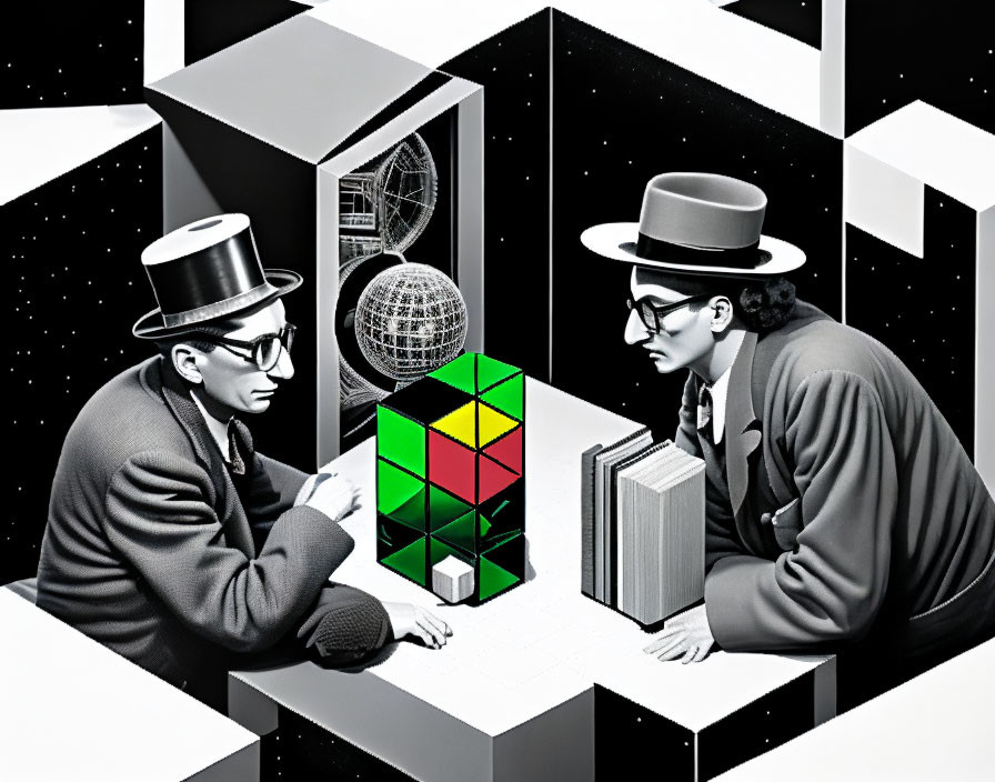 Surreal black and white image with geometric shapes and people reminiscent of M.C. Escher's