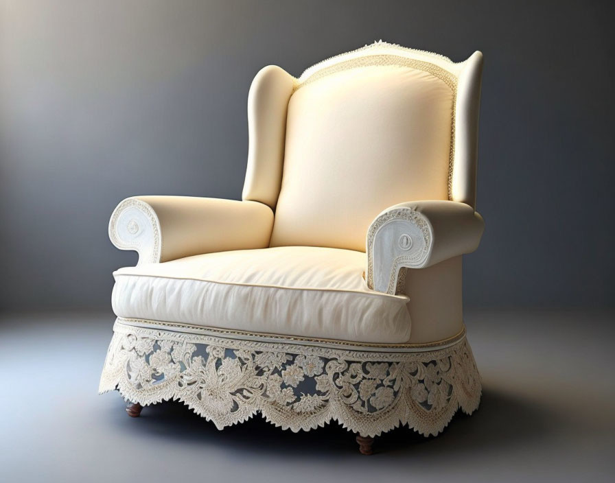 Cream Upholstered Armchair with Lace Detailing on Dark Gray Background