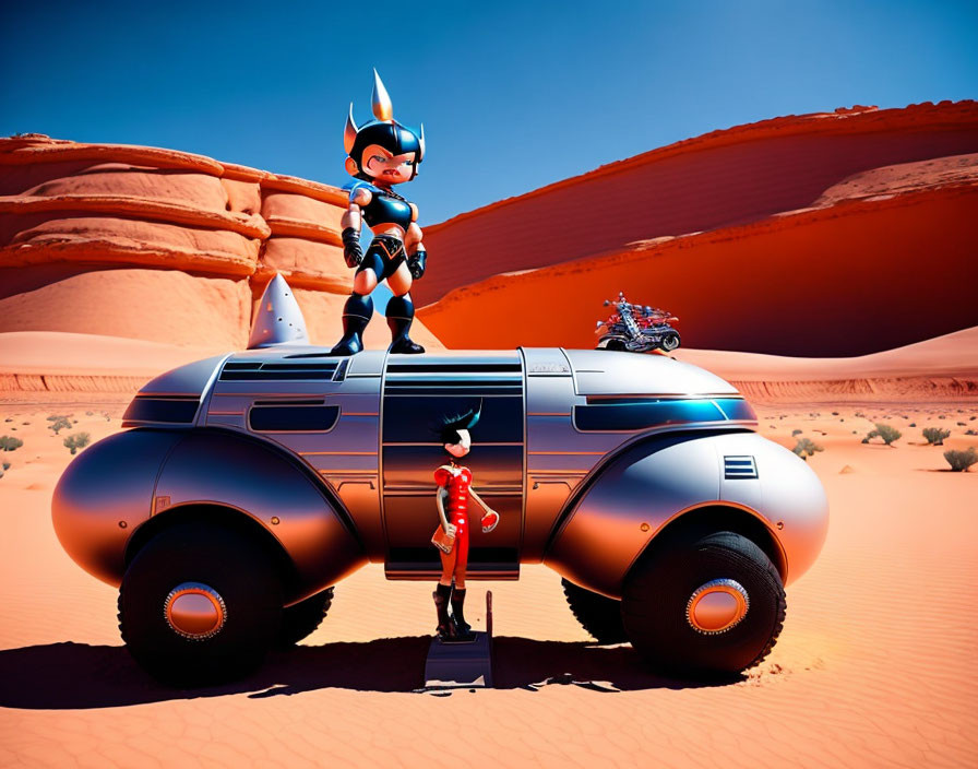 Futuristic 3D Animation: Two Characters and Silver Vehicle in Desert