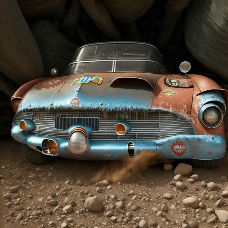 Vintage Blue Race Car with Stickers and Rust Speeds Through Rocky Terrain