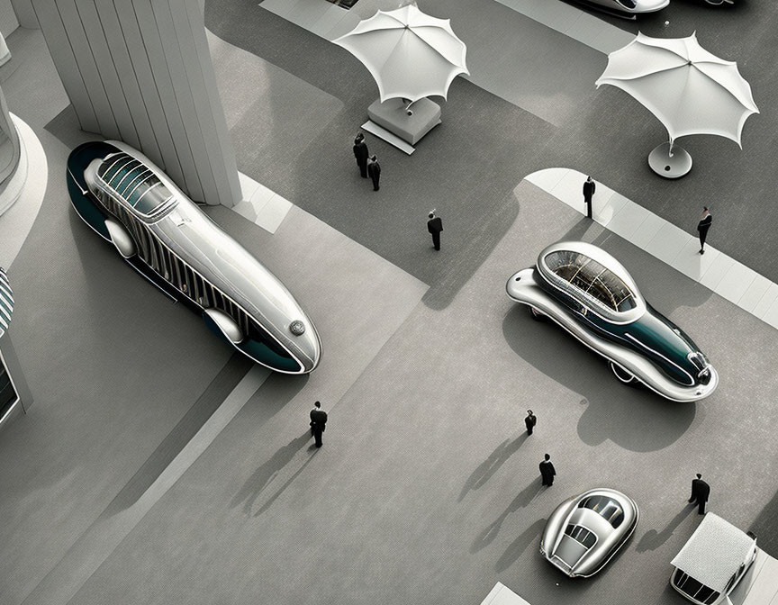 Futuristic plaza with modern vehicles and architectural features