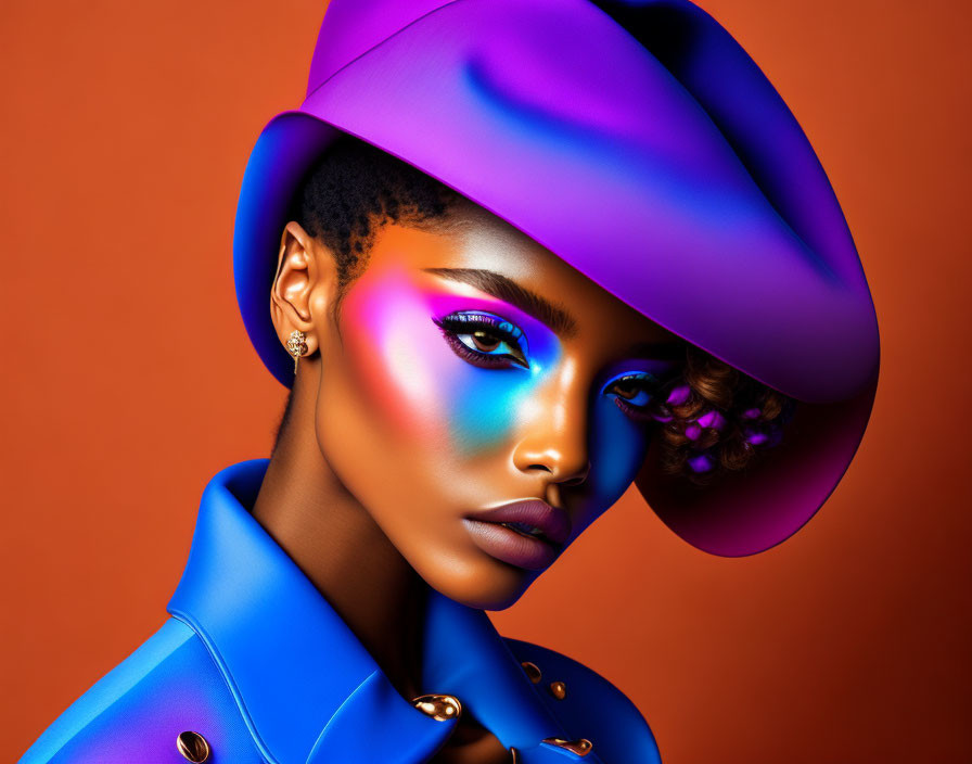 Vibrant blue hat and jacket on woman with striking makeup