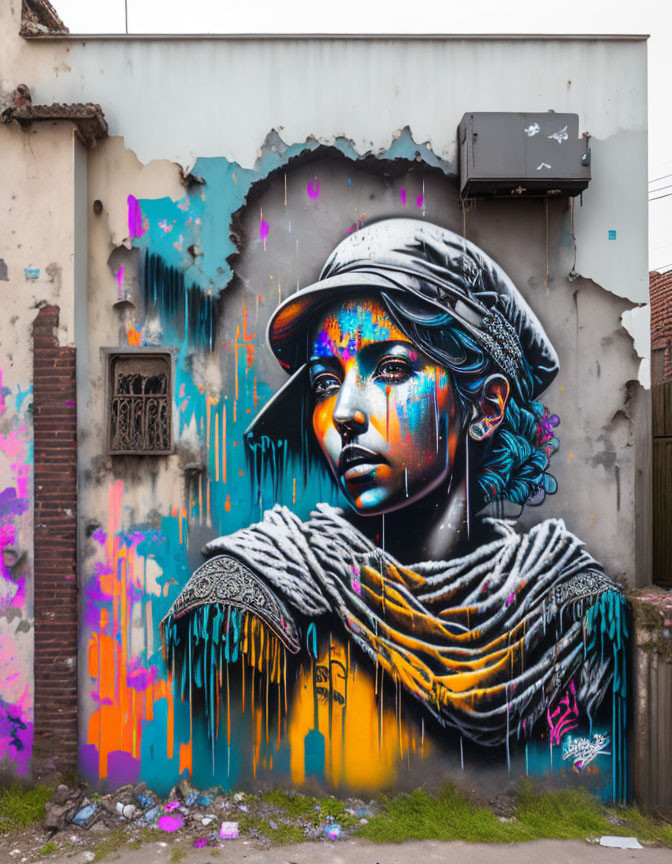 Colorful Street Art Mural of Person with Cap and Shawl