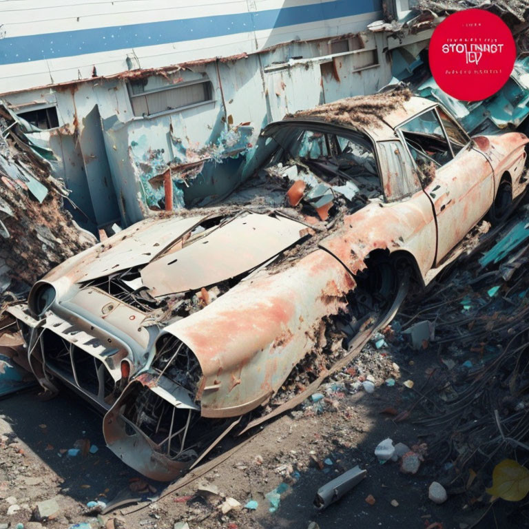 Rusted abandoned car with dilapidated building - decay and neglect theme