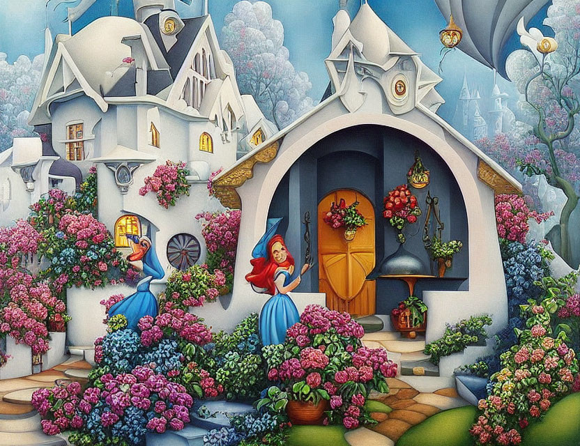 Charming cottage scene with woman, peacock, lanterns, and balloons