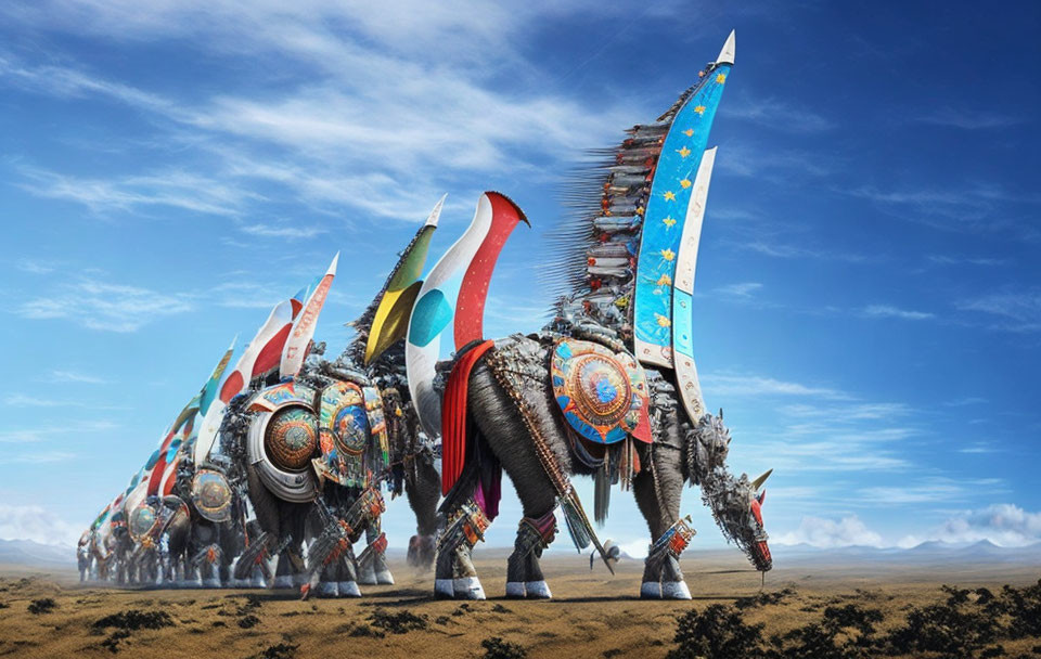 Colorful shields and flags on large mechanical elephants in barren landscape